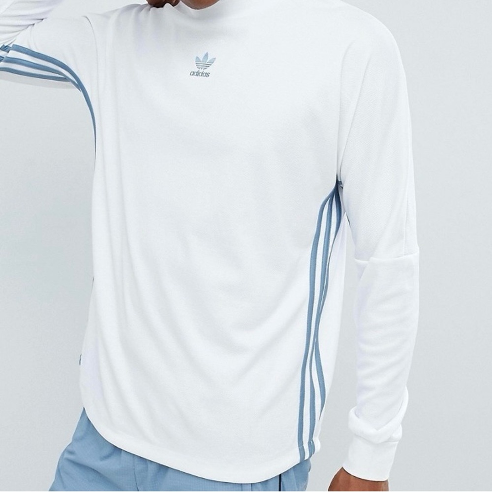 Adidas Men's White and Blue Long Sleeve Shirt